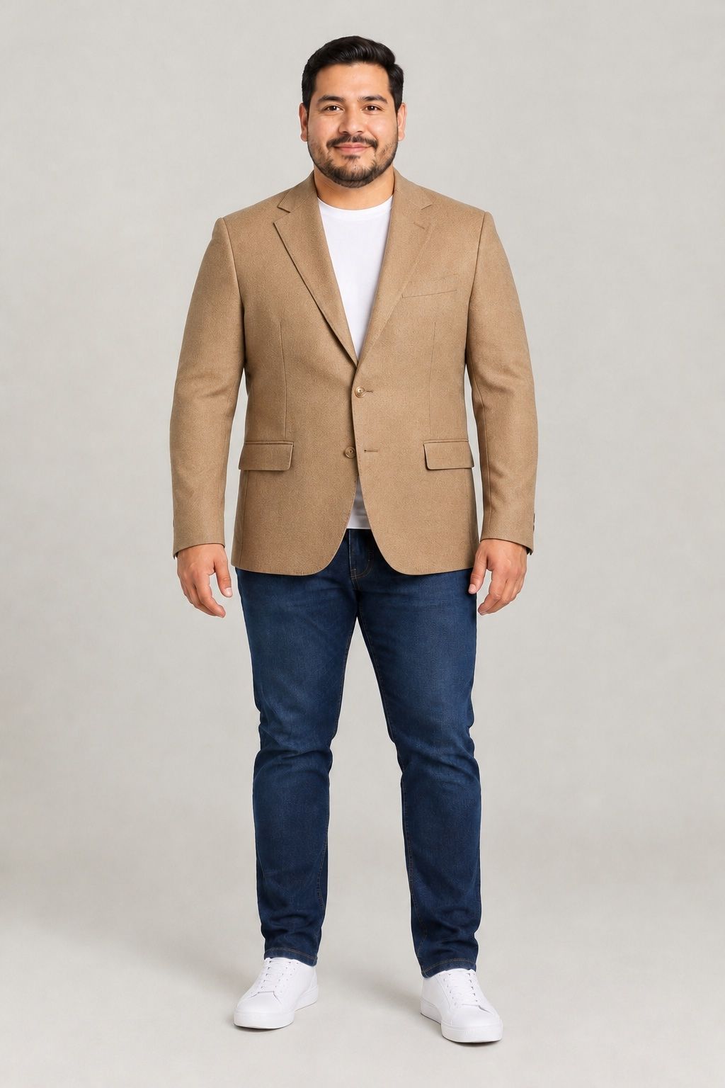 Diego wearing the wool blazer after the try-on
