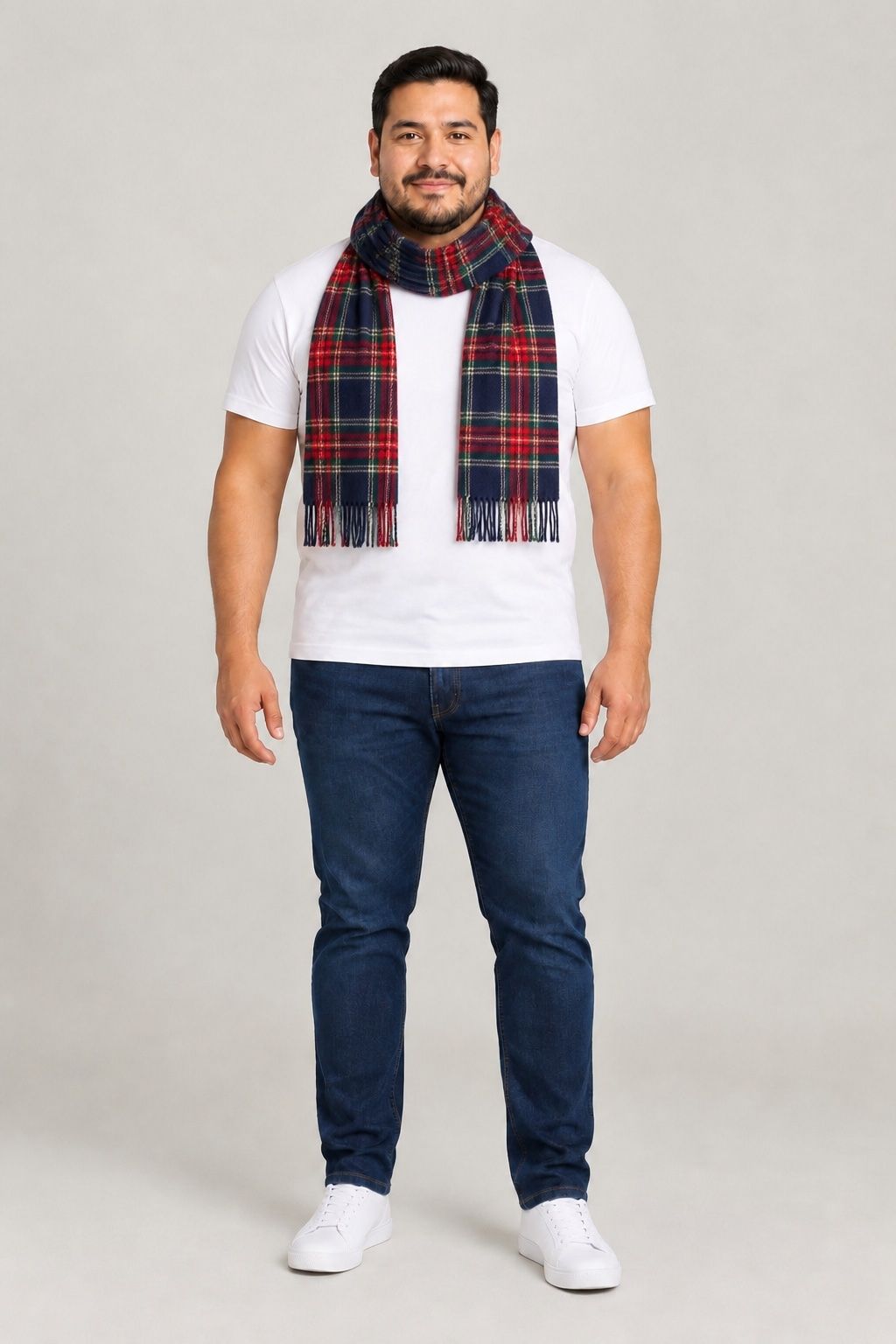 Diego wearing the plaid wool scarf