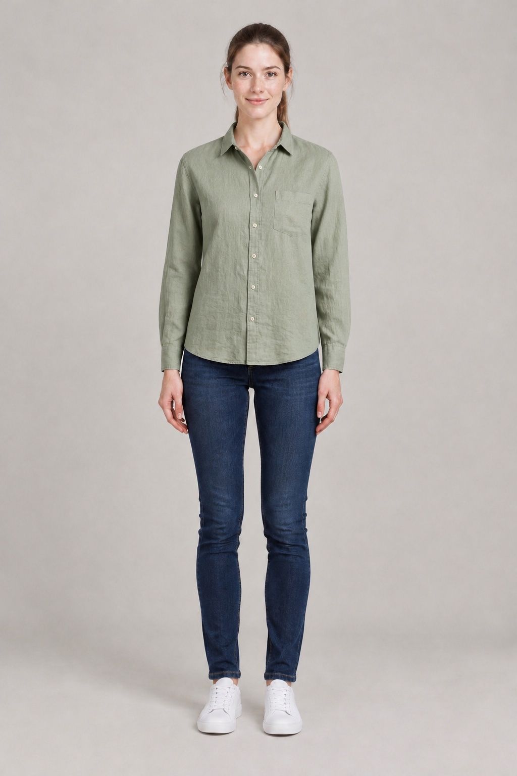 Emma wearing the linen shirt after the try-on