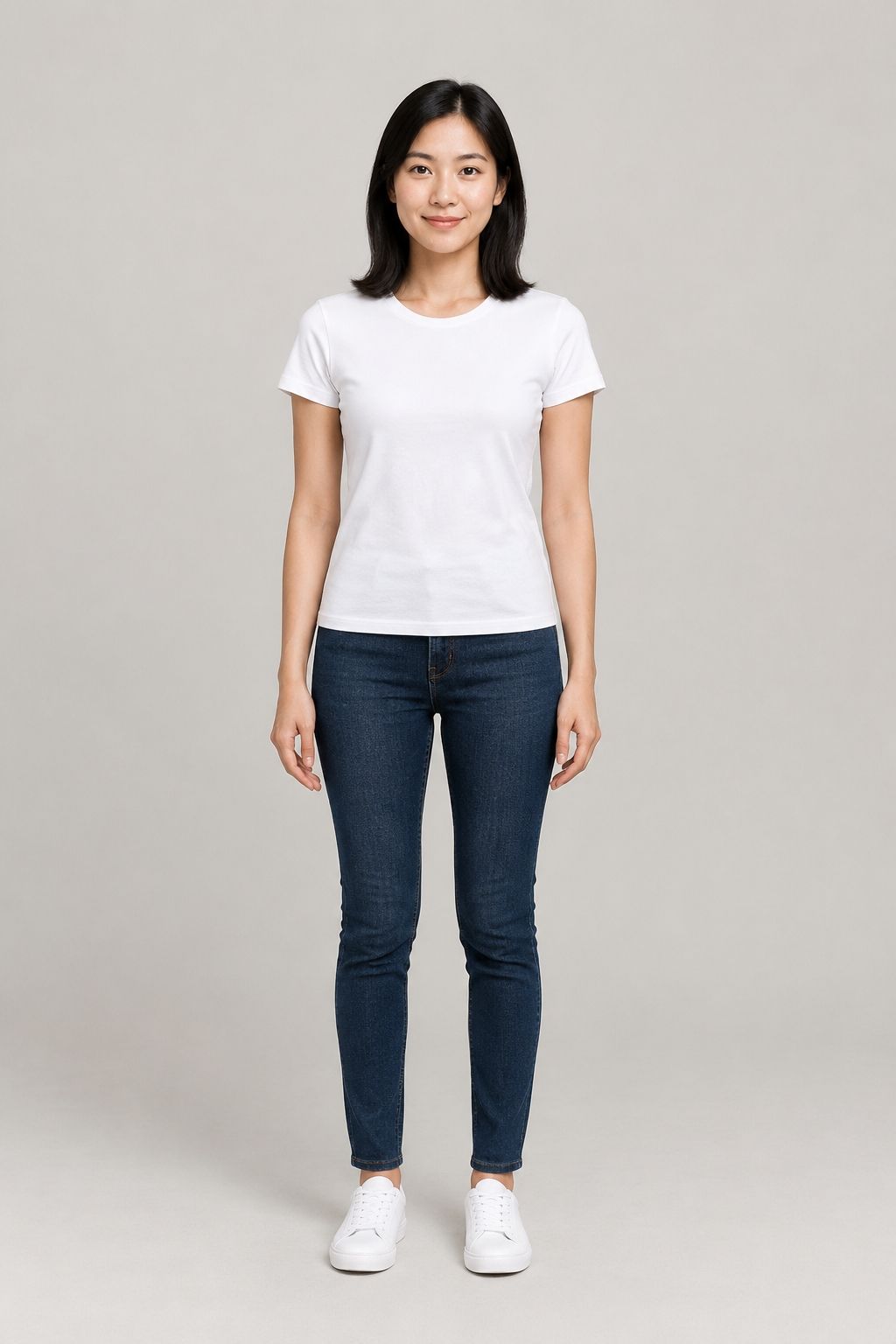 Mai, an AI model, in a white T-shirt and jeans