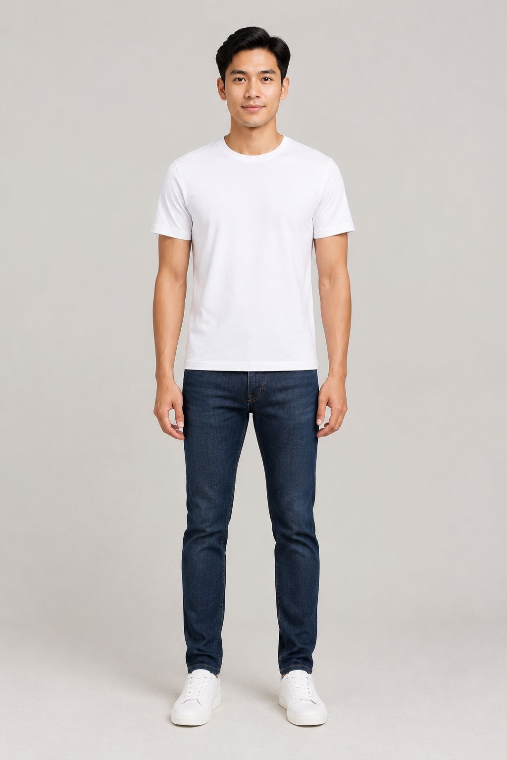 Minh, an AI model, in a white T-shirt and jeans