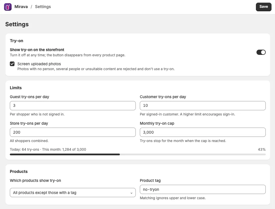 Settings for daily try-on limits, a monthly budget and product eligibility